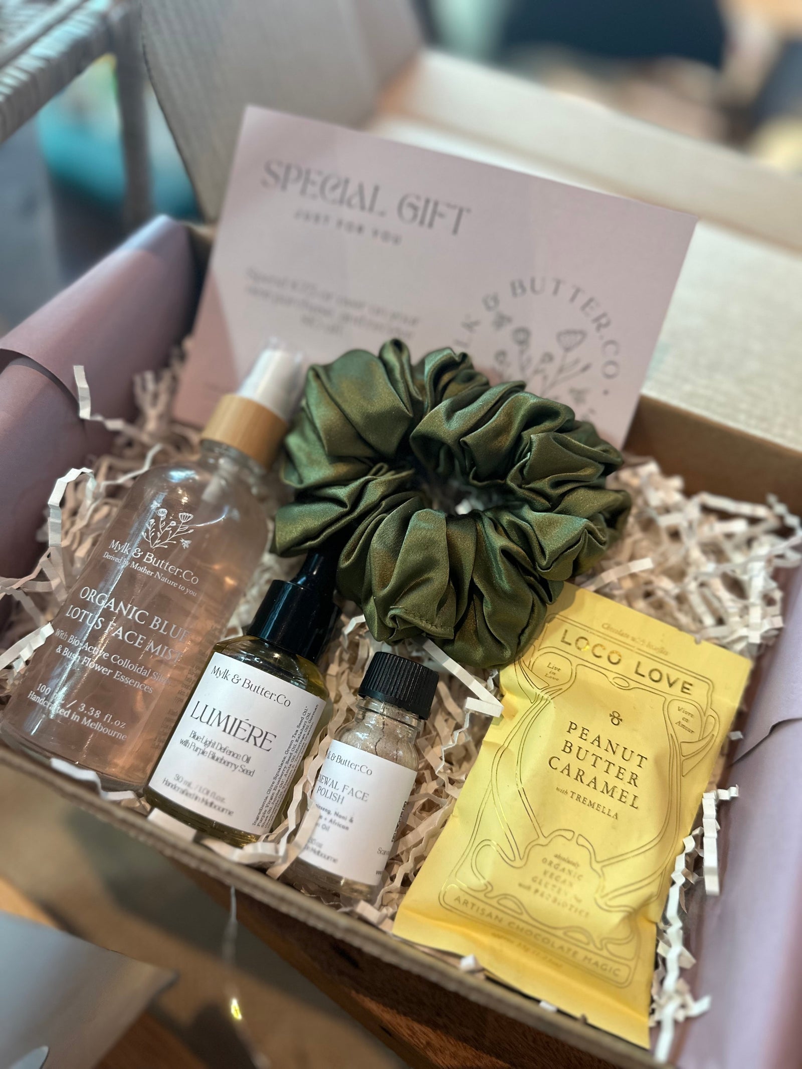 Mother’s Day hamper with lumiere face elixir, blue lotus face mist and mulberry silk scrunchie 