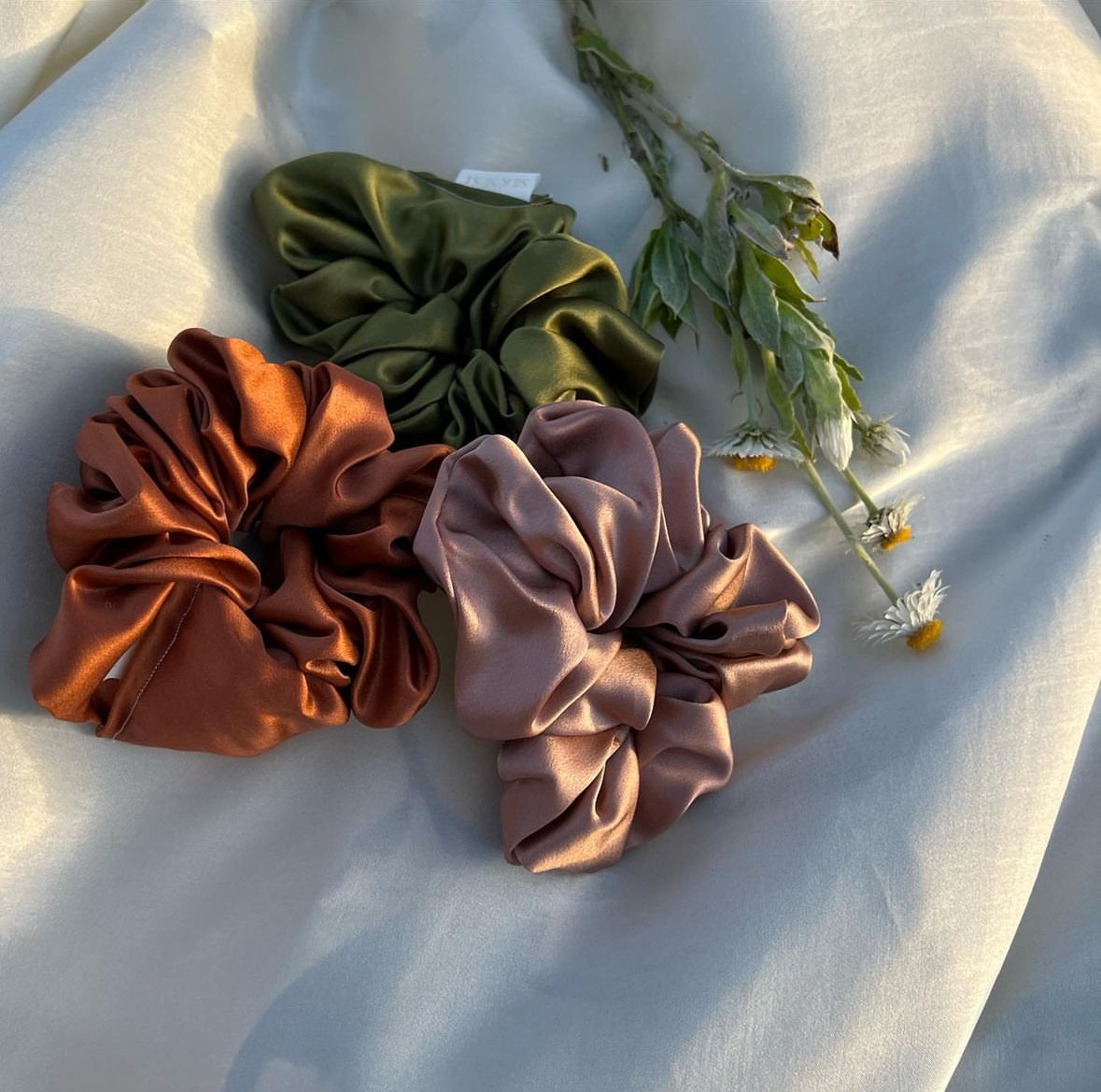 Mulberry silk scrunches in olive green, blush and burnt orange